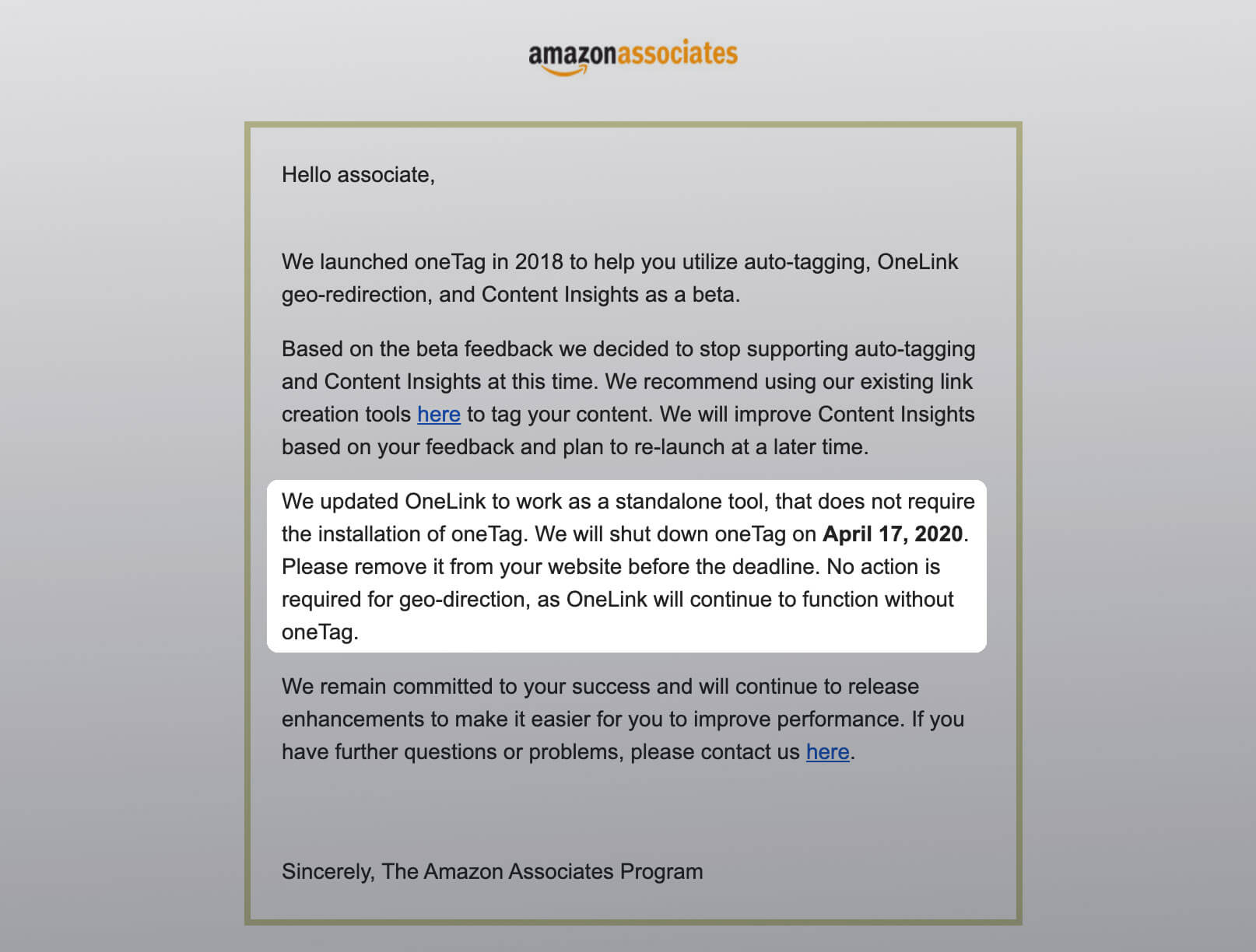 Amazon One Link email update