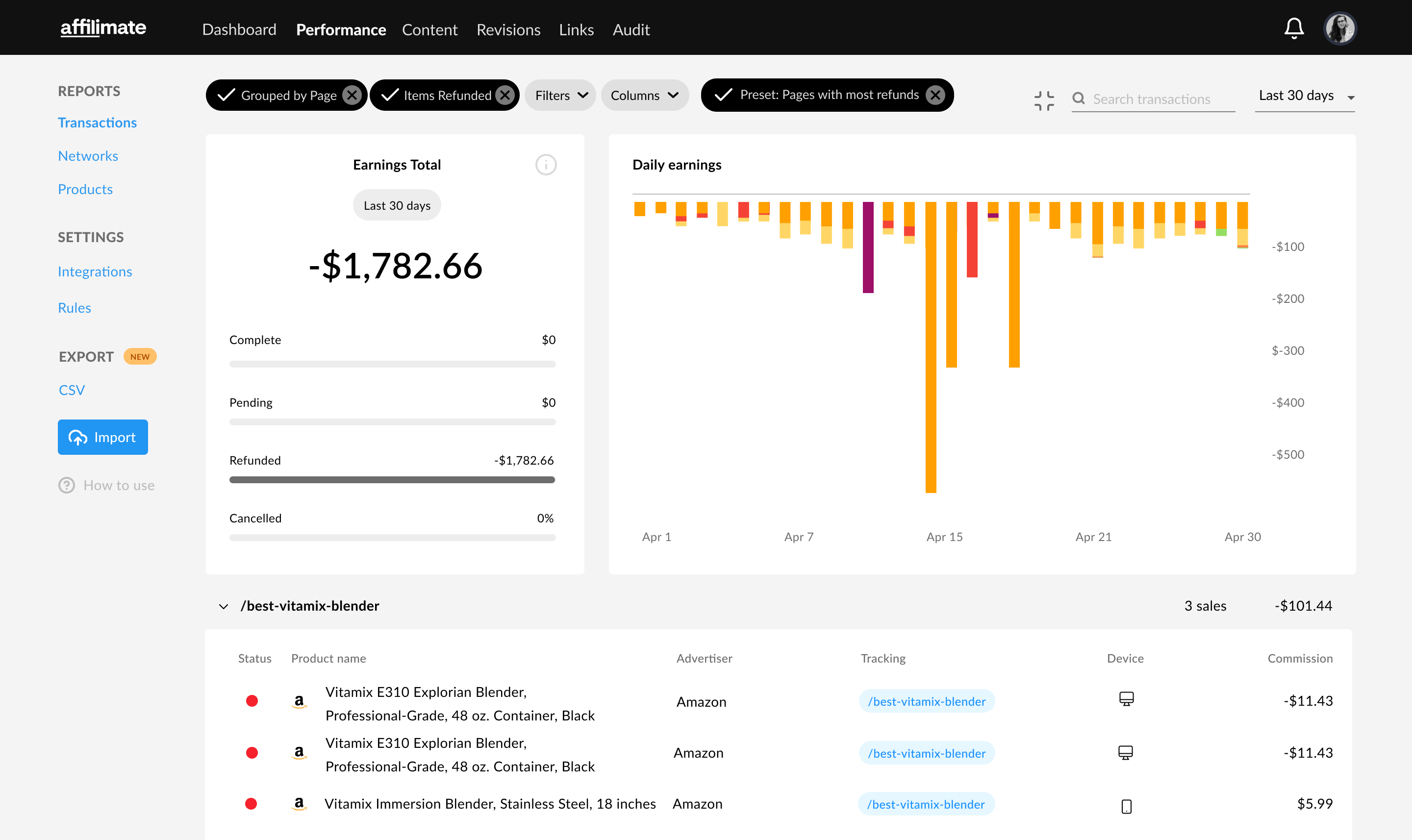 Amazon transaction report by page
