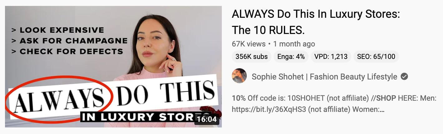 YouTuber Sophie Shohet’s video that demonstrates high ticket affiliate marketing sales examples in the luxury fashion niche. 
