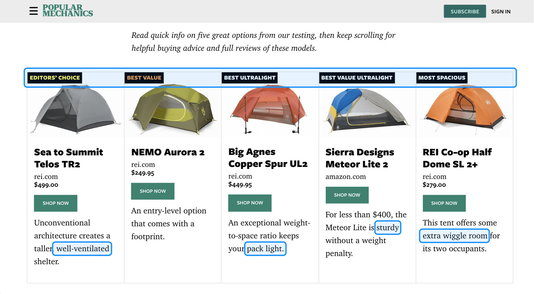 Product Comparison Table