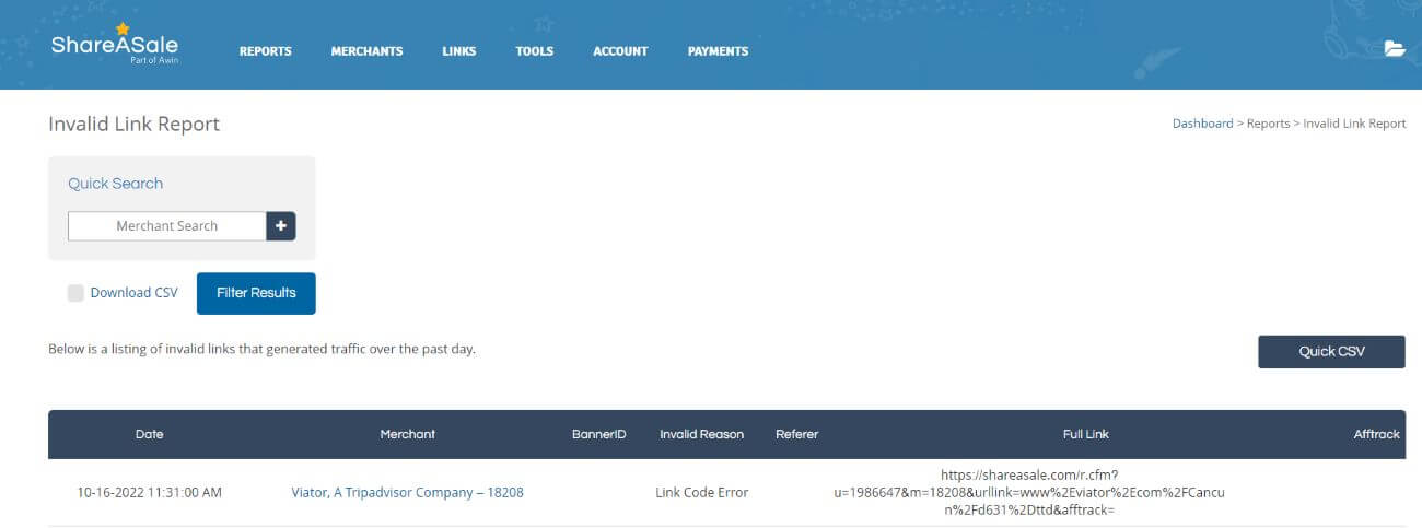 Invalid Link Report in ShareASale Affiliate Network