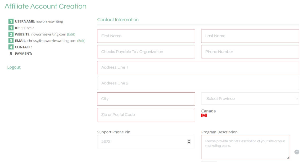 Confirm Contact Information to Sign Up to ShareASale