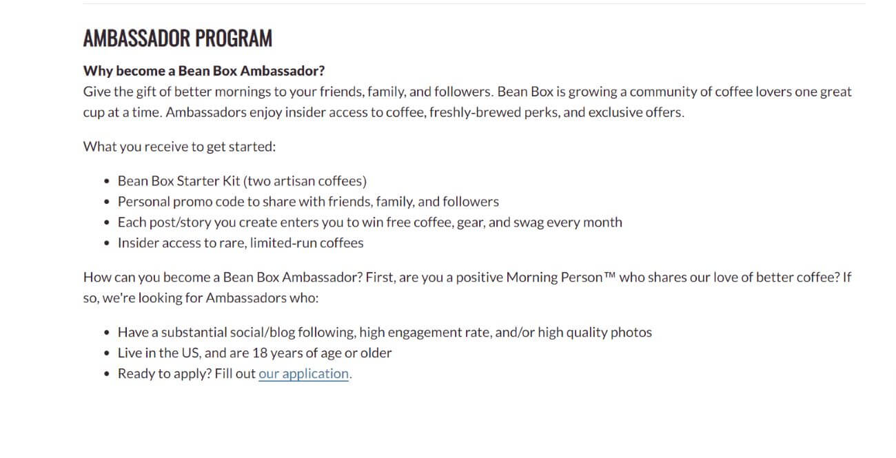 Image of the Bean Box ambassador program terms