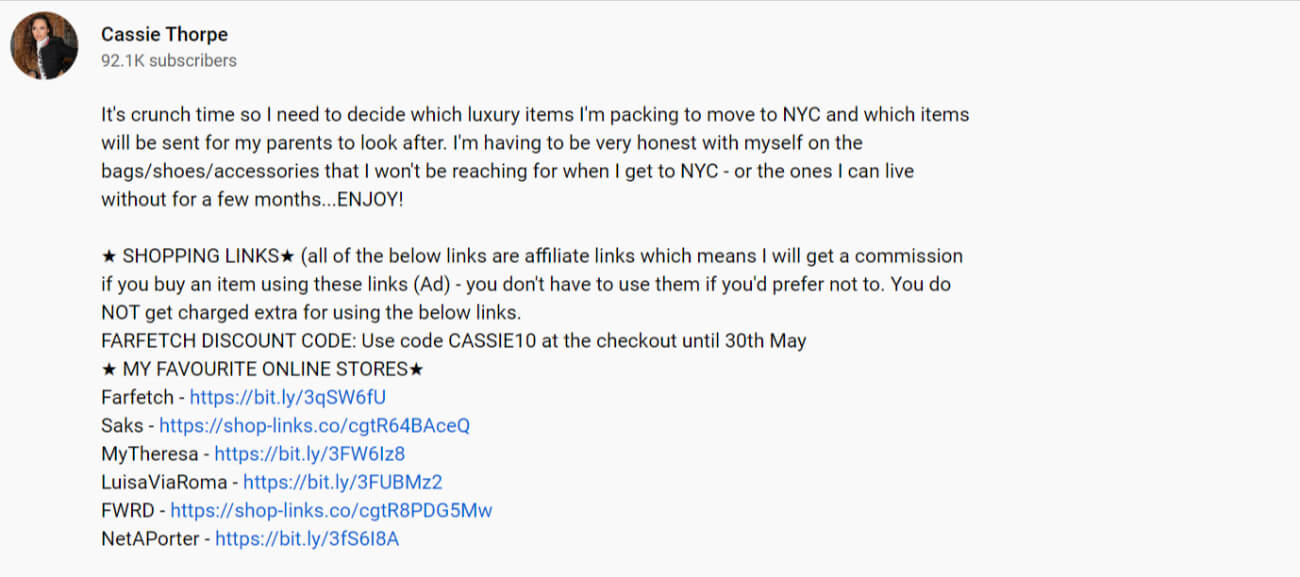 Example screenshot of a YouTube affiliate links disclosure from YouTuber Cassie Thorpe’s channel.